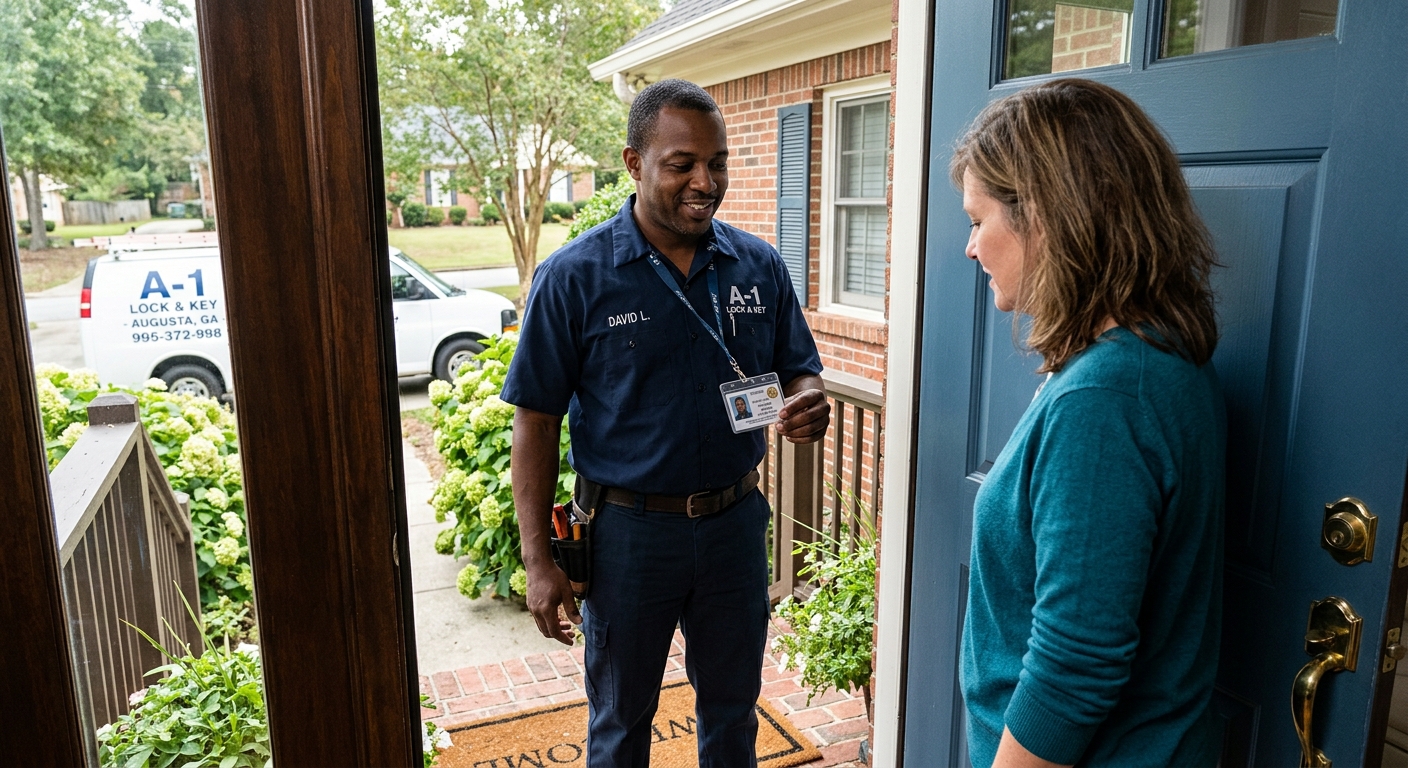 licensed locksmith technician verifying credentials in Georgia