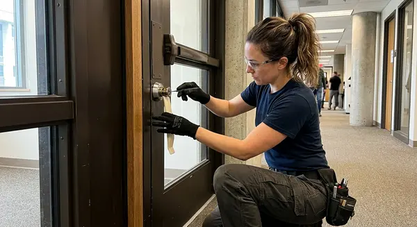 locksmith technician protecting commercial door frame during lock removal