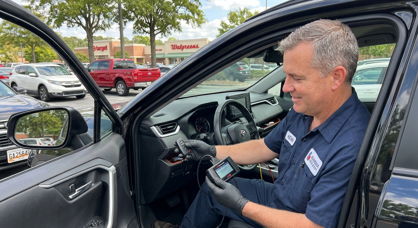 locksmith programming key fob next to vehicle