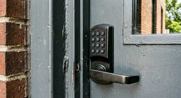 commercial keypad lock on metal door frame