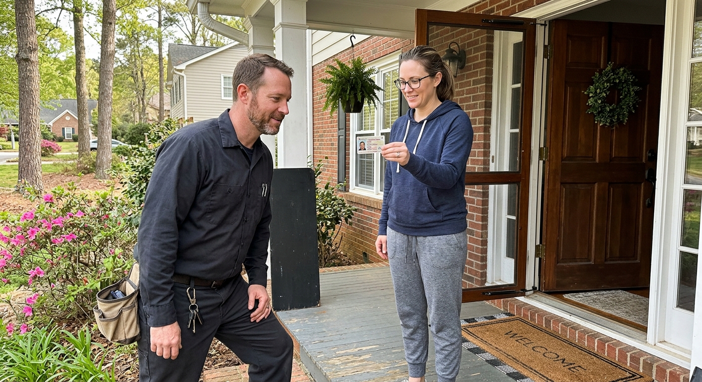 customer providing identification to locksmith technician before service