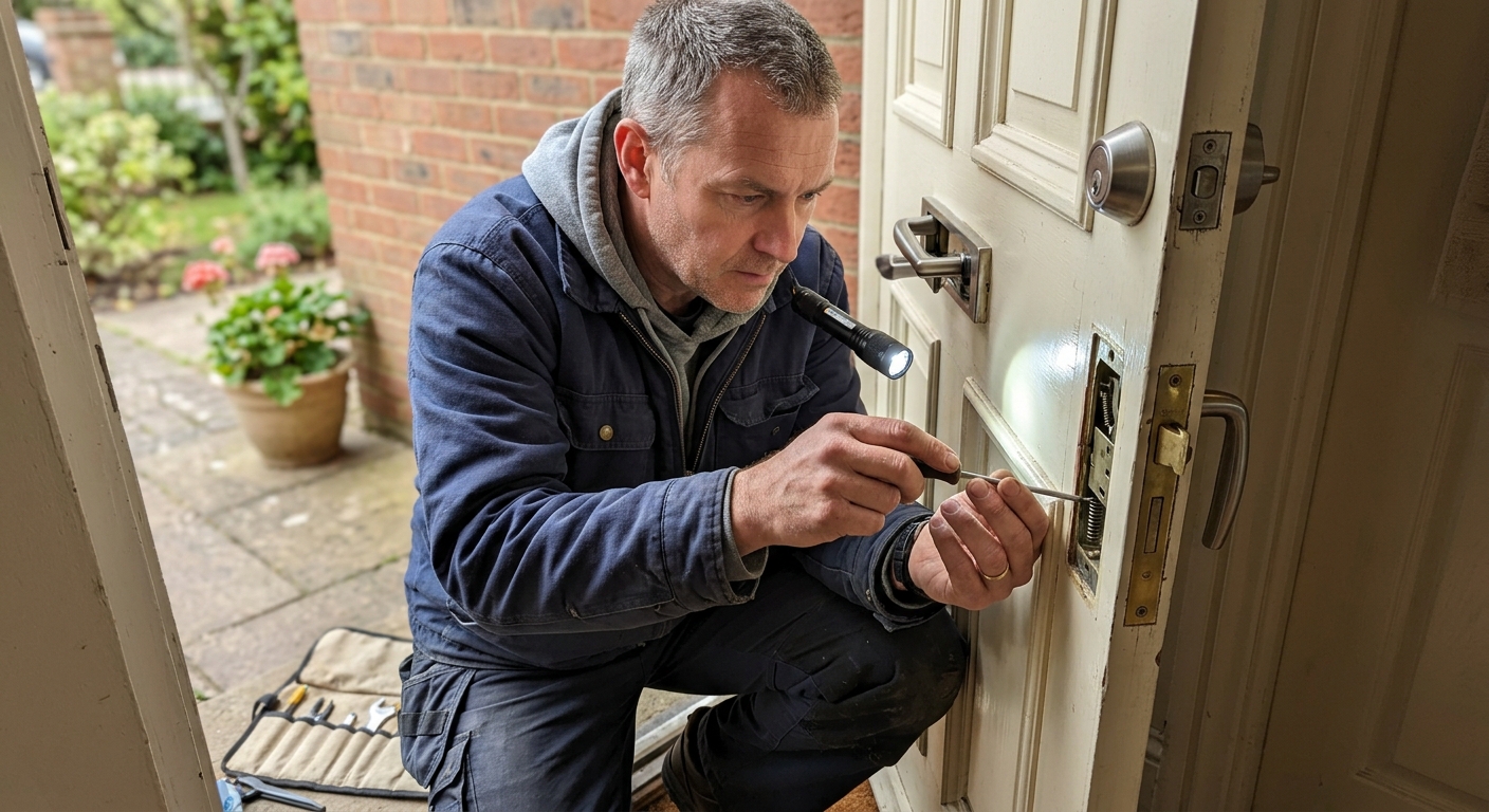 locksmith inspecting a malfunctioning door lock before repair