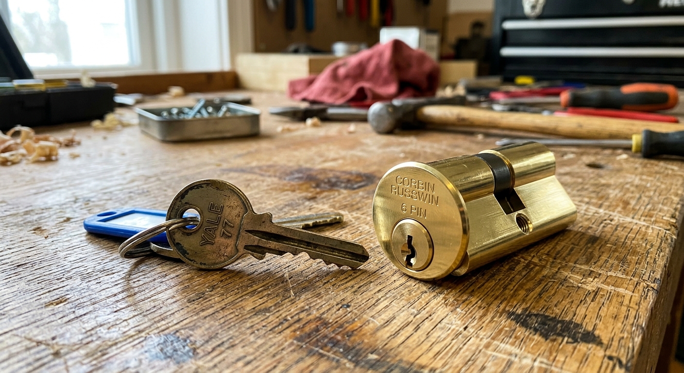 worn key next to new lock cylinder