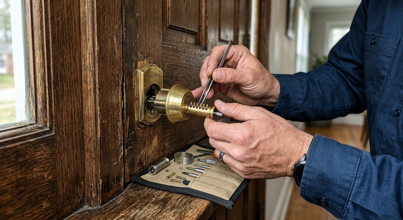 technician rekeying a door lock in Powder Springs GA