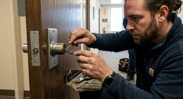 locksmith removing broken commercial lock cylinder from office door