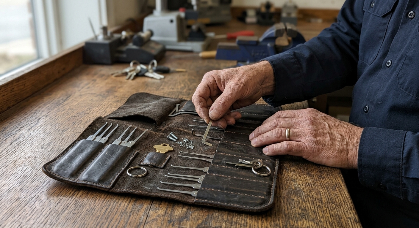 locksmith selecting professional tools for residential lock service