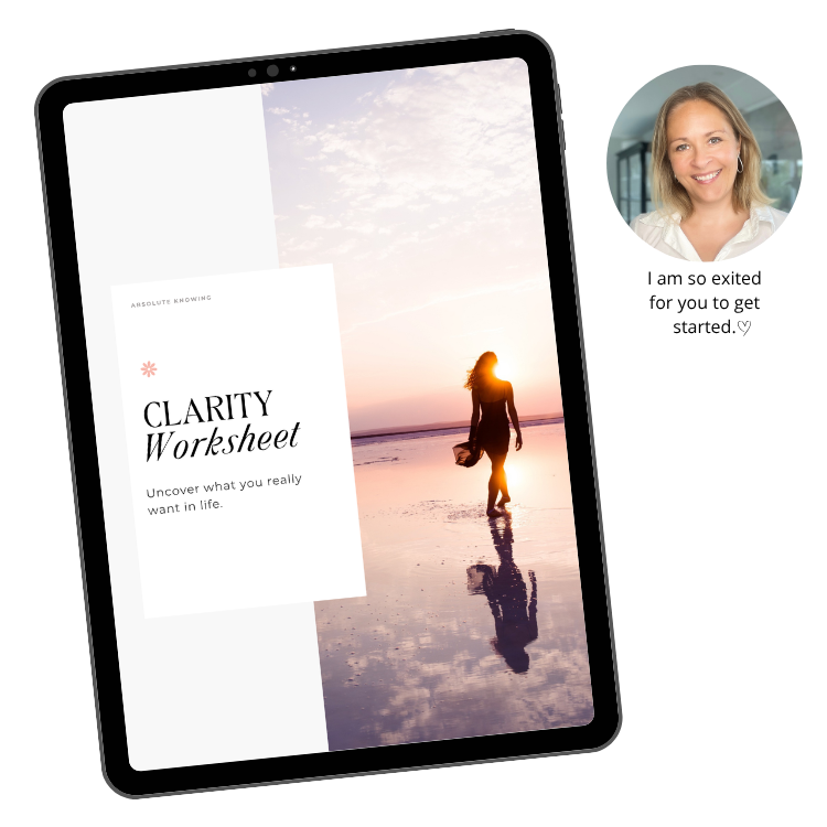 Nina, founder of Absolute Knowing inviting you to get your Clarity Worksheet.