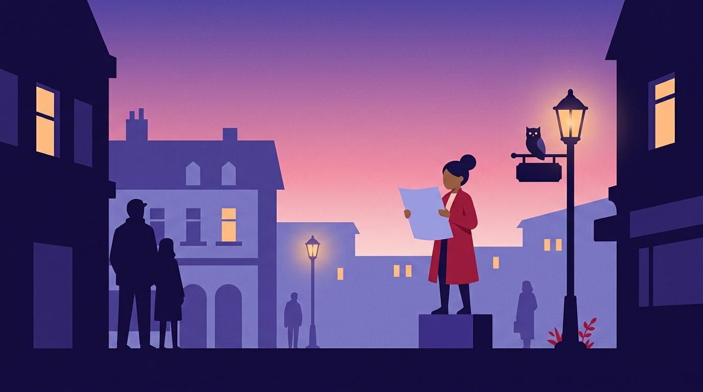 A woman reads a statement aloud from a plinth in a dusk-lit street while neighbours listen