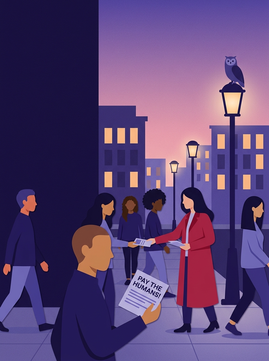 A woman hands out Pay The Humans pamphlets to people gathering on a dusk-lit street
