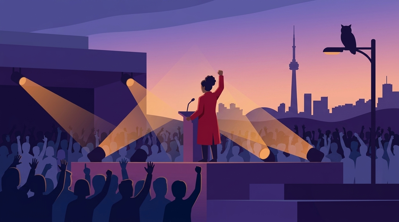 A woman raises a fist at a spotlit podium before a cheering crowd, city skyline behind