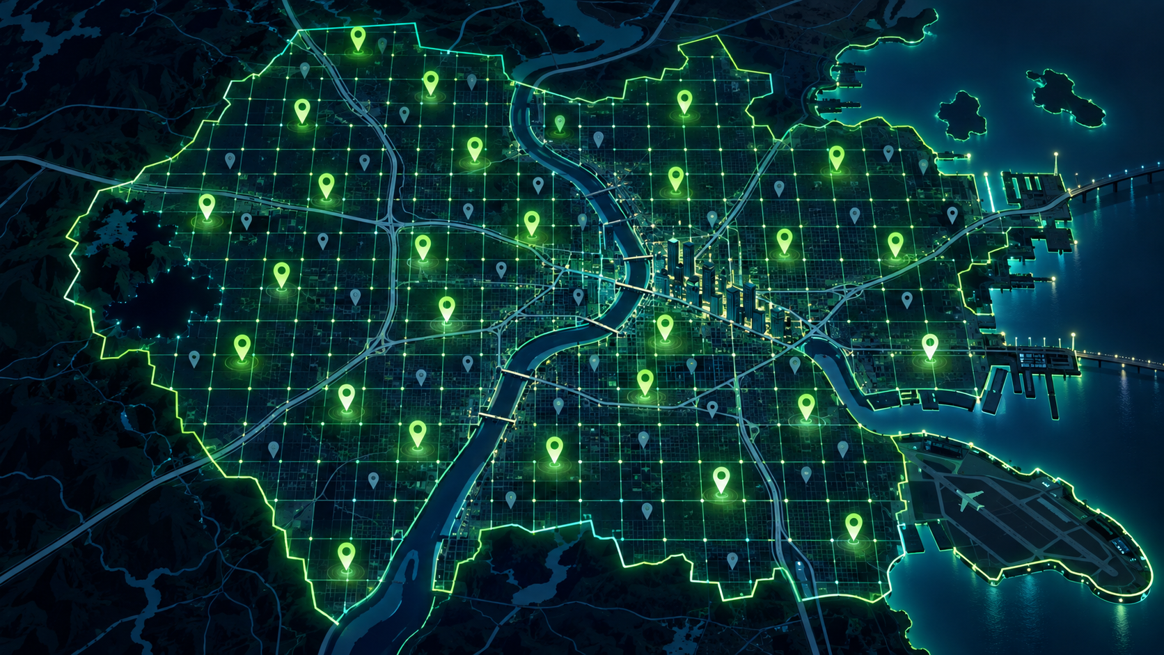City grid with geographically distributed business locations