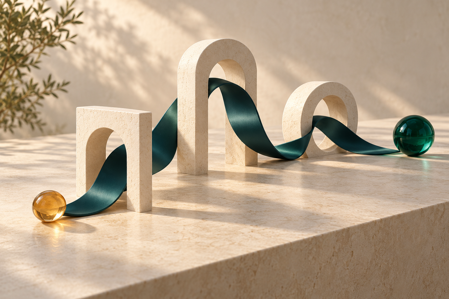 A continuous teal ribbon connects three stone gateways, illustrating a connected customer journey.