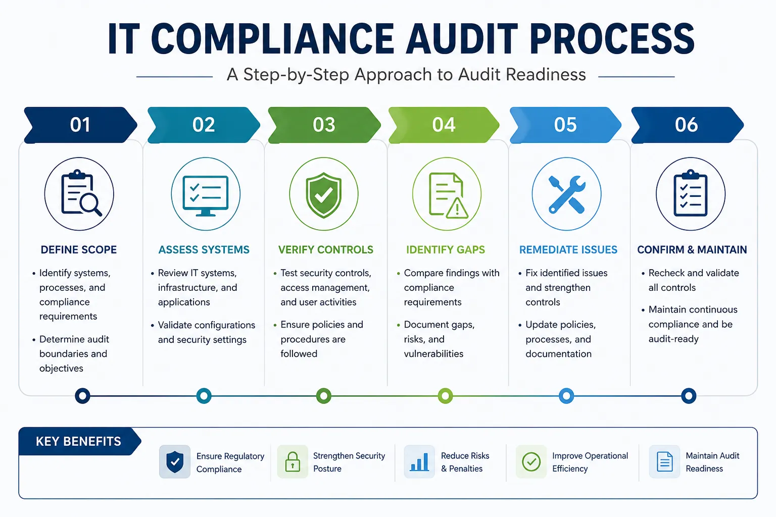IT compliance audit process infographic showing audit scope, system assessment, control verification, gap identification, remediation, and audit readiness