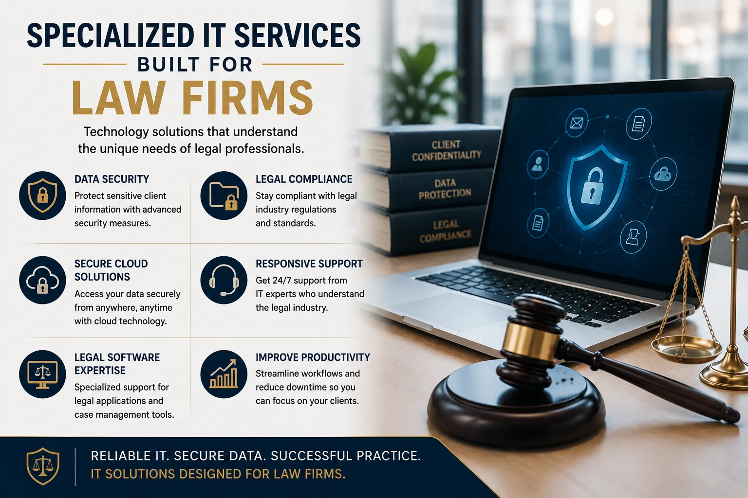 Infographic showing the benefits of specialized IT services for law firms, including cybersecurity, legal compliance, cloud solutions, and legal software support.