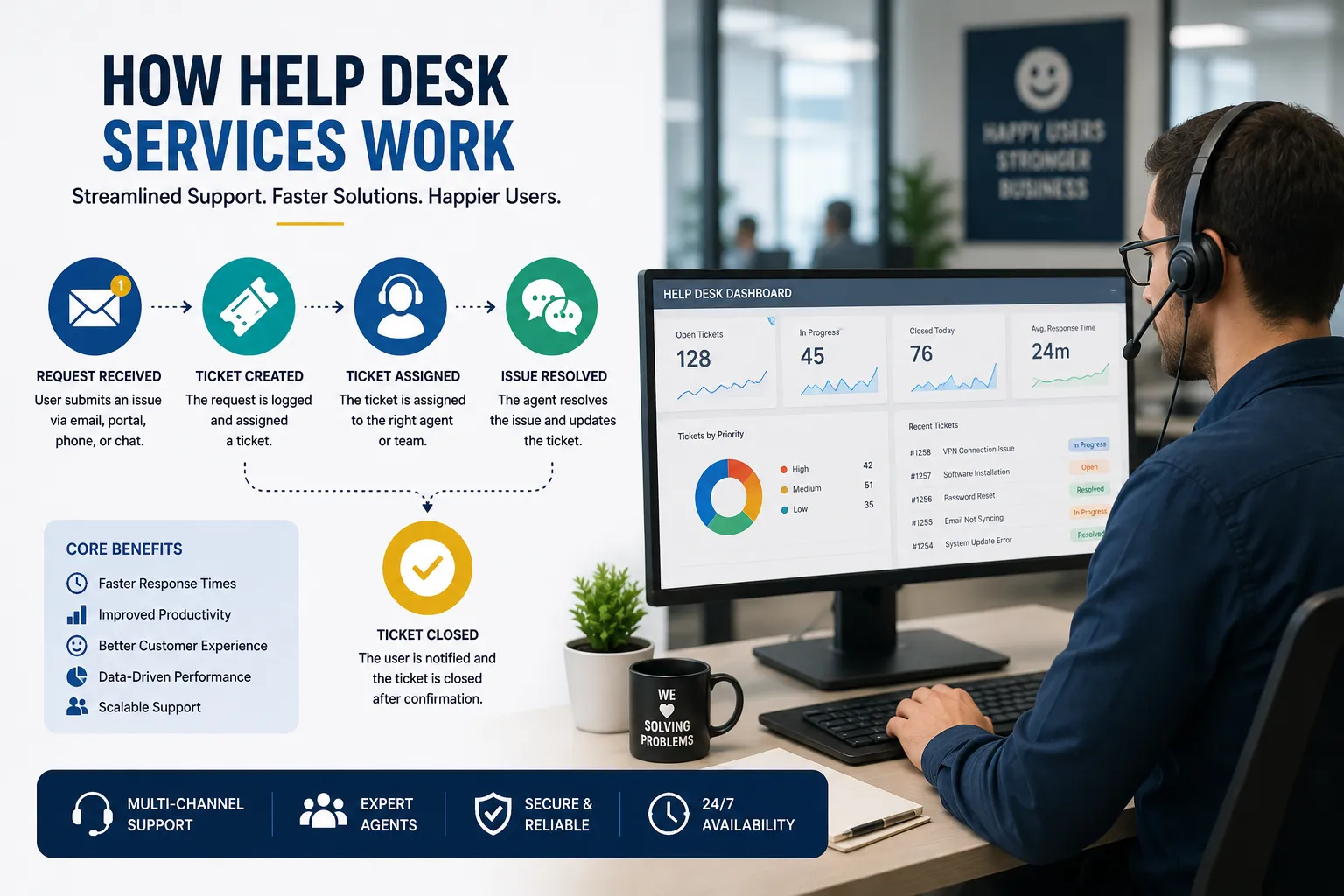 Illustration showing how help desk services work with ticket management, technical support, and issue resolution workflow. Illustration showing how help desk services work with ticket management, technical support, and issue resolution workflow.