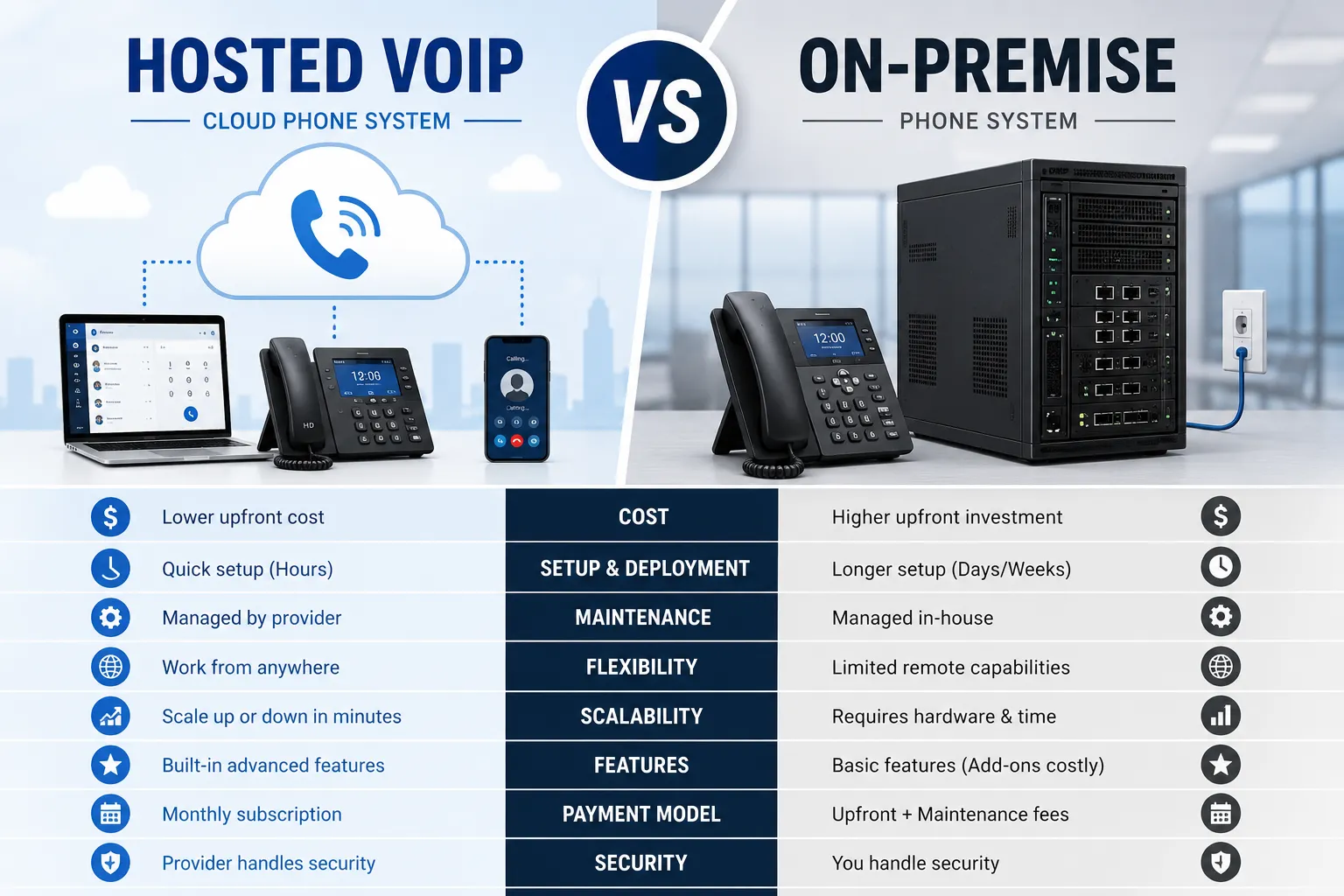Comparison chart of Hosted VoIP and On-Premise Phone Systems covering setup, cost, maintenance, scalability, features, and security. Comparison chart of Hosted VoIP and On-Premise Phone Systems covering setup, cost, maintenance, scalability, features, and security.