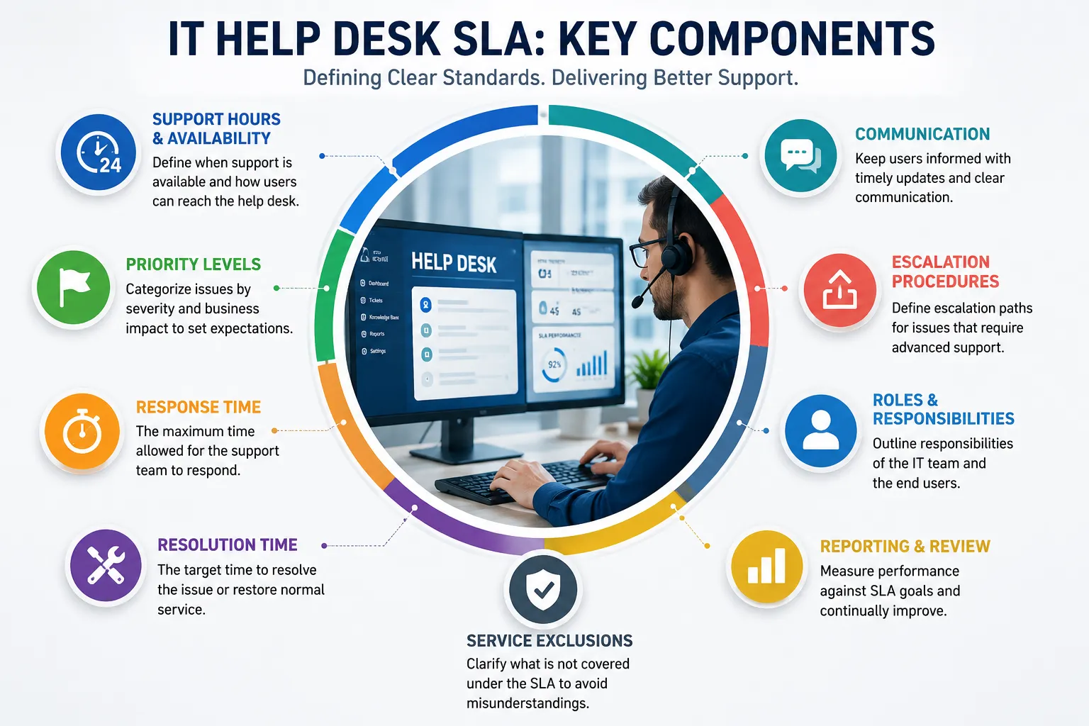 Key components of an IT help desk SLA including support hours, priority levels, response time and escalation procedures Key components of an IT help desk SLA including support hours, priority levels, response time and escalation procedures