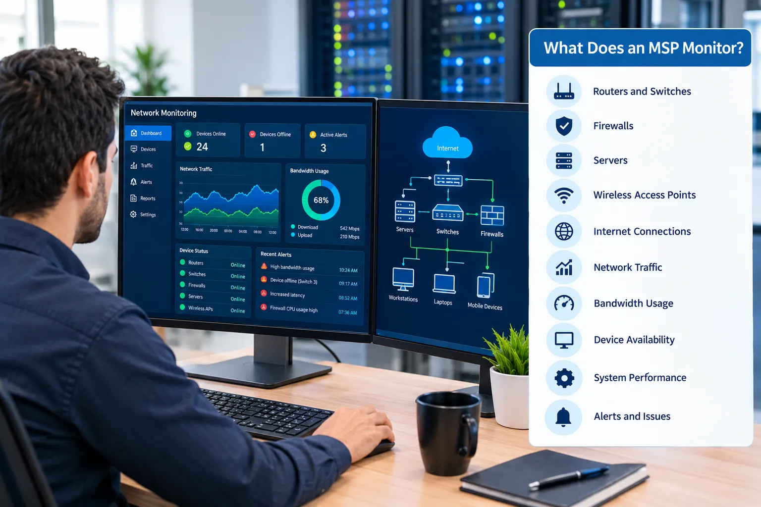 MSP monitoring IT infrastructure with routers, firewalls, servers, wireless access points, and network traffic MSP monitoring IT infrastructure with routers, firewalls, servers, wireless access points, and network traffic