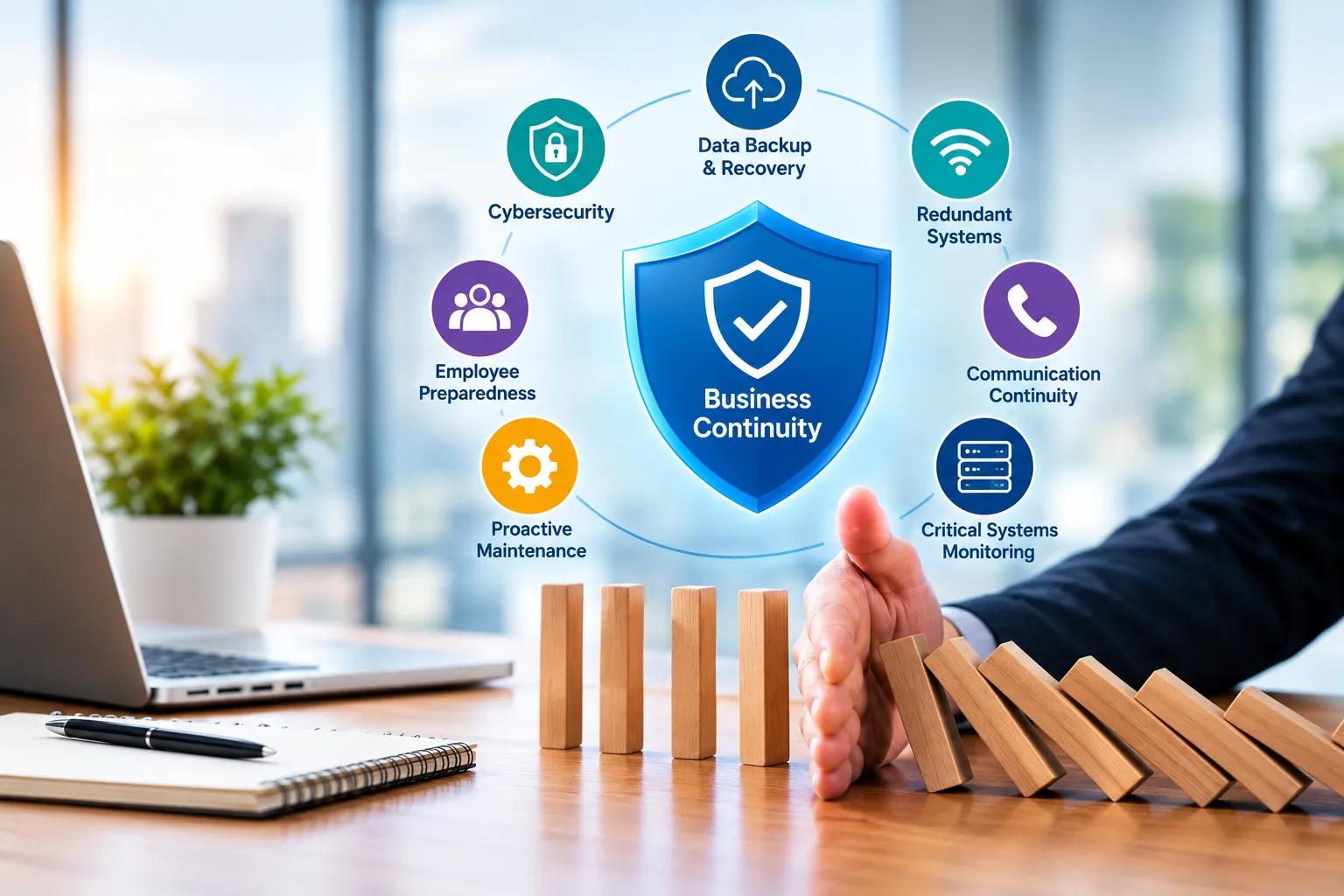 Business continuity strategies including data backup, cybersecurity, redundancy, and proactive maintenance Business continuity strategies including data backup, cybersecurity, redundancy, and proactive maintenance