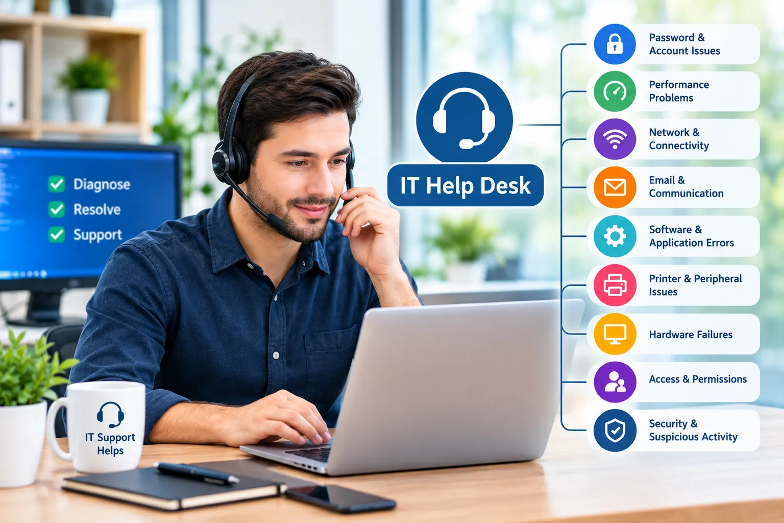IT help desk technician diagnosing common technical and network issues IT help desk technician diagnosing common technical and network issues