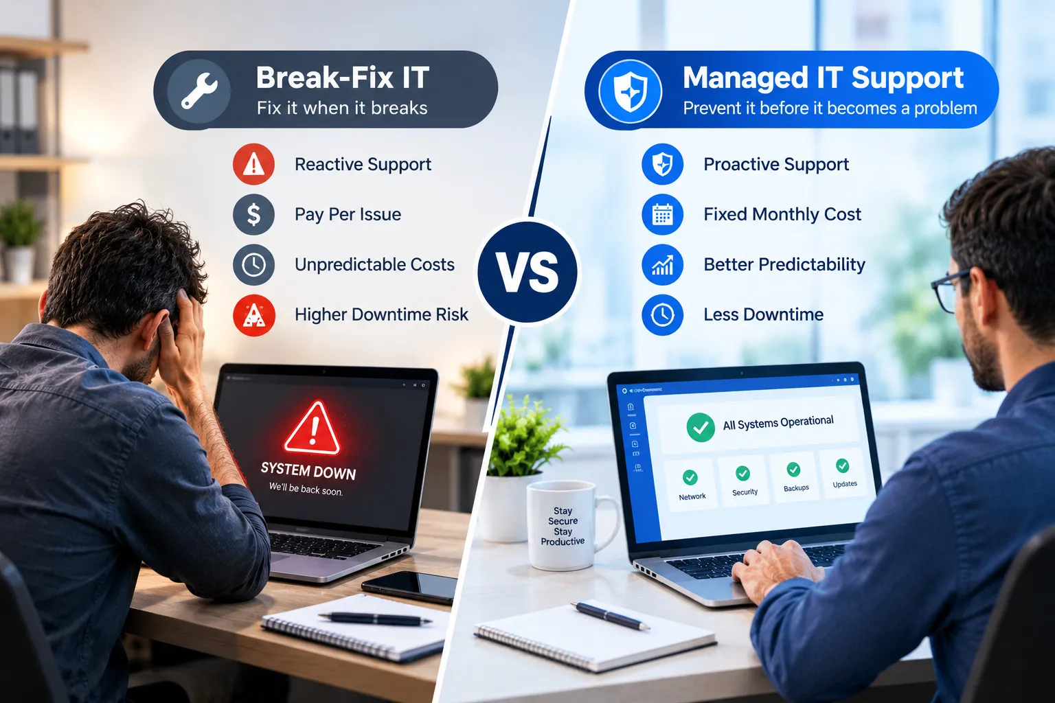 Comparison of break-fix IT and managed IT support, highlighting reactive repairs, predictable costs, and reduced downtime risks. Comparison of break-fix IT and managed IT support, highlighting reactive repairs, predictable costs, and reduced downtime risks.