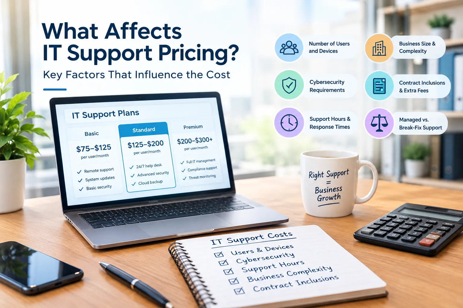Factors affecting small business IT support pricing, including users and devices, cybersecurity, support hours, and contract fees Factors affecting small business IT support pricing, including users and devices, cybersecurity, support hours, and contract fees