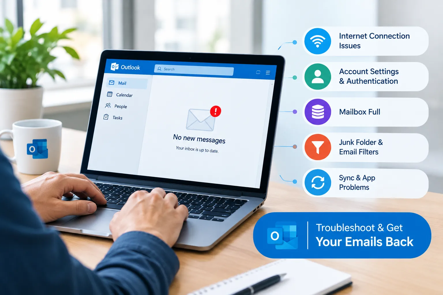 Outlook email troubleshooting checklist covering internet connection, account settings, mailbox storage, junk folders, and syncing problems