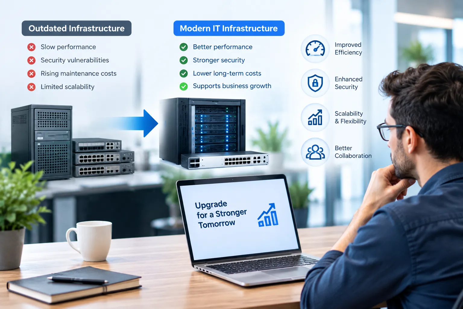 Comparison of outdated and modern IT infrastructure Comparison of outdated and modern IT infrastructure