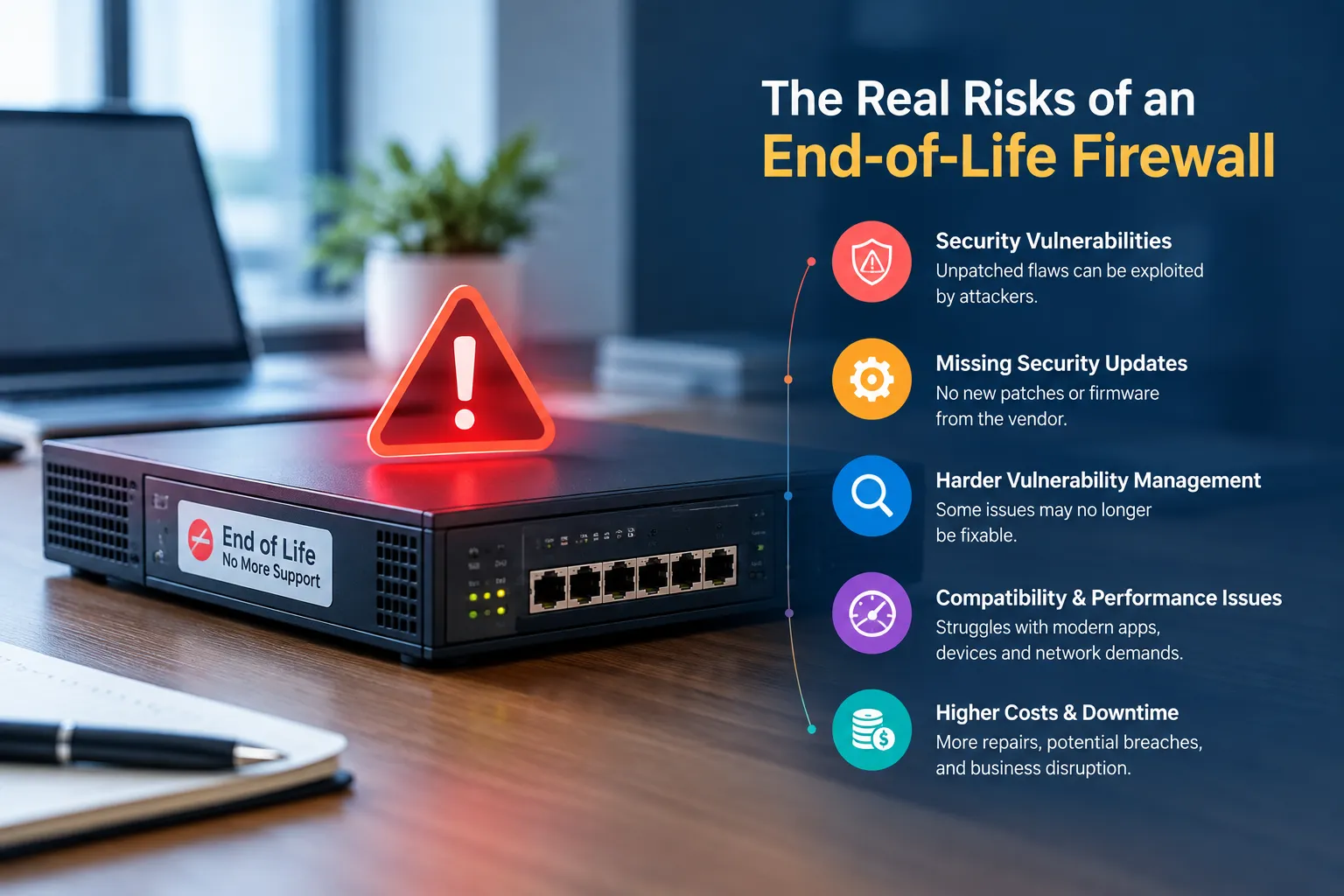 Outdated firewall showing security risks and missing updates