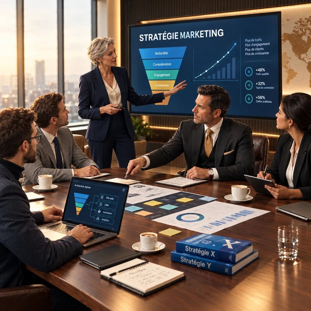 Une équipe d’experts Yoocanweb présente une stratégie marketing à un dirigeant, autour d’une table de réunion