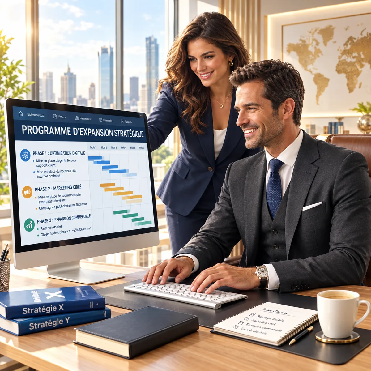 Un dirigeant et une experte Yoocanweb, souriants, consultent à l’écran le programme d’expansion stratégique de son entreprise