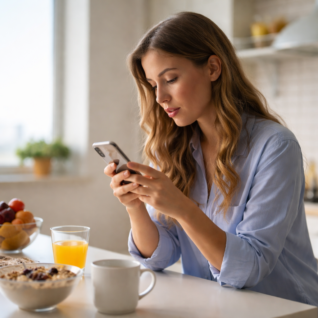 Woman on phone in morning kitchen