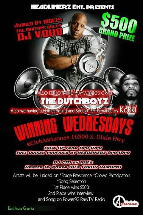 Winning Wednesdays archival flyer advertising a $500 grand prize and a radio interview prize