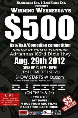 Winning Wednesdays archival flyer advertising a $500 performance competition