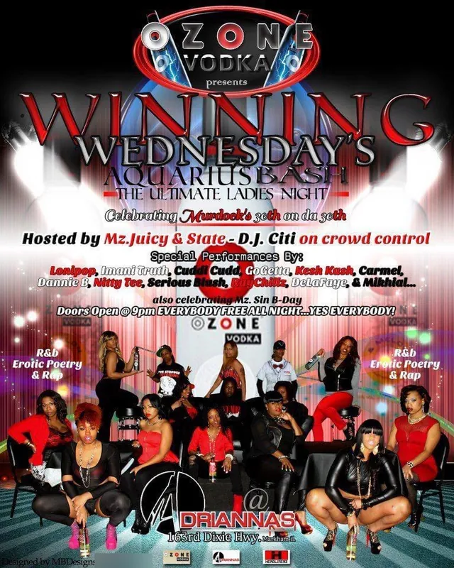 Winning Wednesdays Aquarius Bash archival flyer with a group of performers