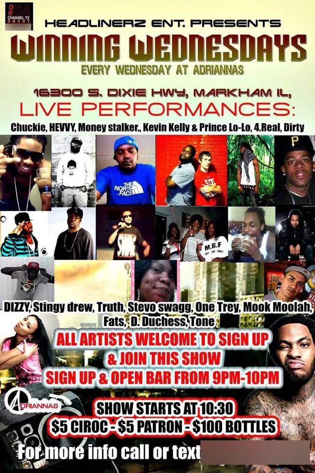 Winning Wednesdays archival flyer for a weekly show at Adrianna’s listing performing artists