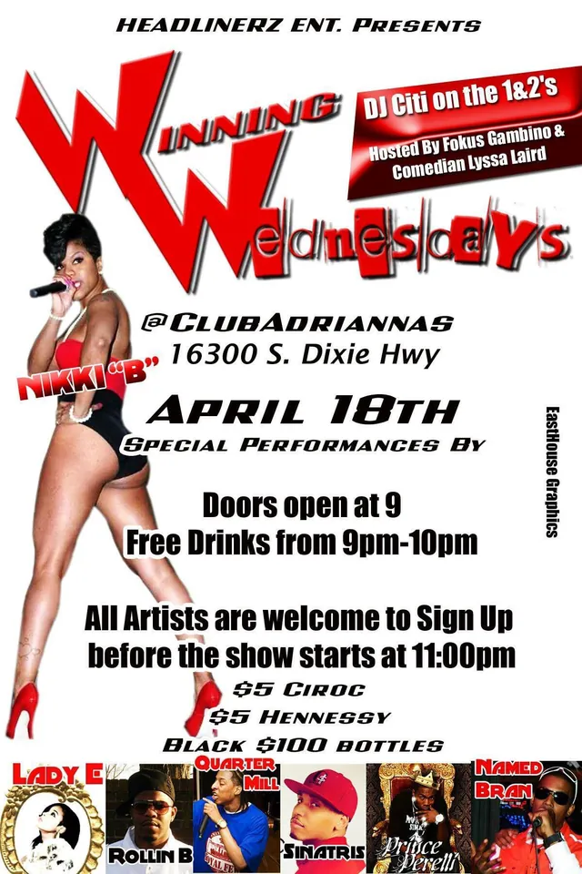 Winning Wednesdays archival flyer for April 18 at Club Adriannas