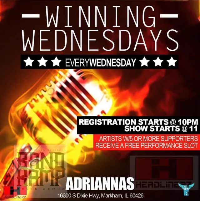 Winning Wednesdays archival flyer listing registration times and a free performance slot for artists with five or more supporters
