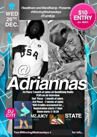 Winning Wednesdays archival flyer listing radio spins and an on-air interview as prizes