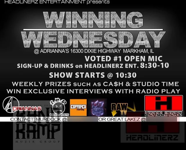 Headlinerz Entertainment archival flyer for Winning Wednesdays listing weekly cash, studio-time and radio-interview prizes