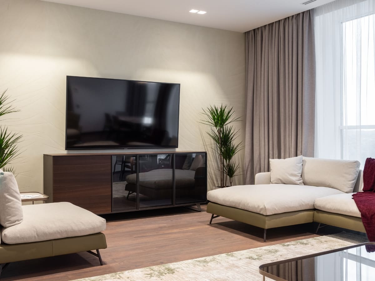 Contemporary living room with a large flat-screen TV, minimalist furniture, and natural light from large windows, creating a bright and inviting atmosphere.