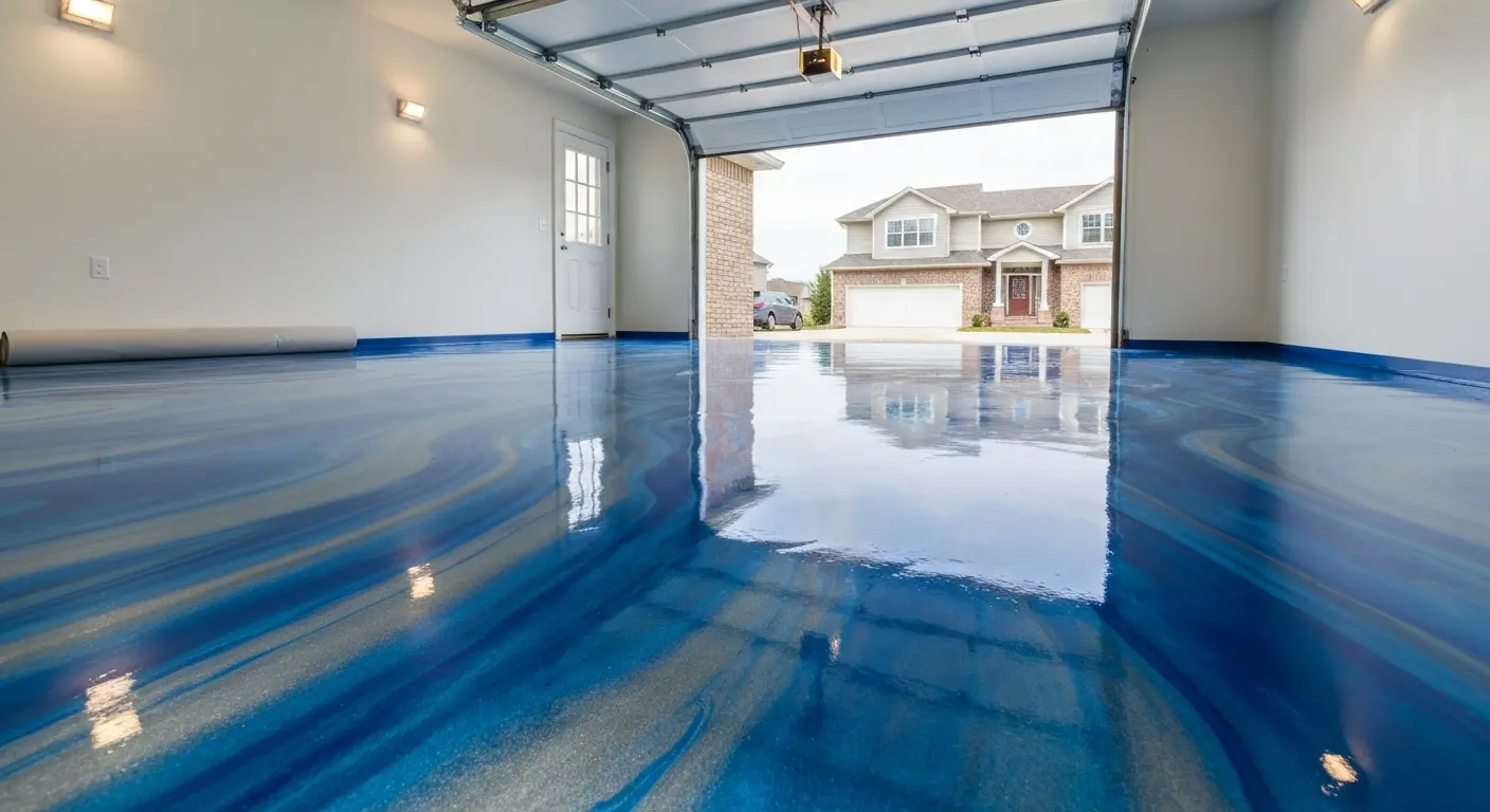 Metallic epoxy garage floor with blue and silver swirl