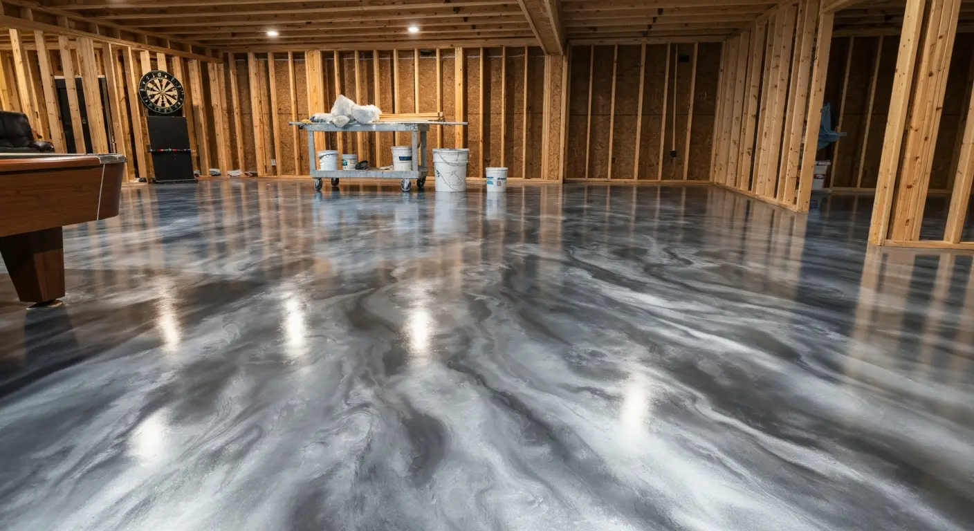 Basement with metallic epoxy game room floor