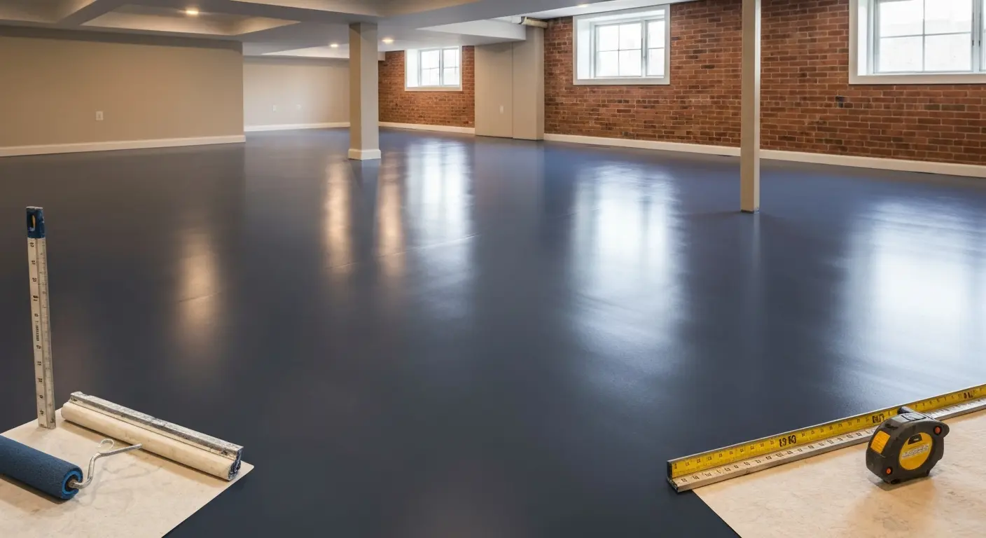 Sleek solid-color epoxy basement floor