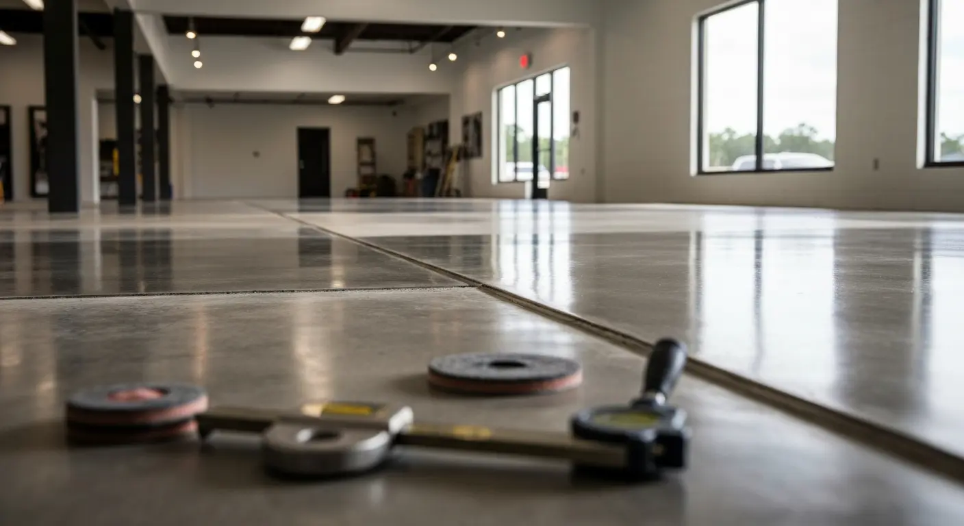 Polished concrete showroom floor with diamond aggregate