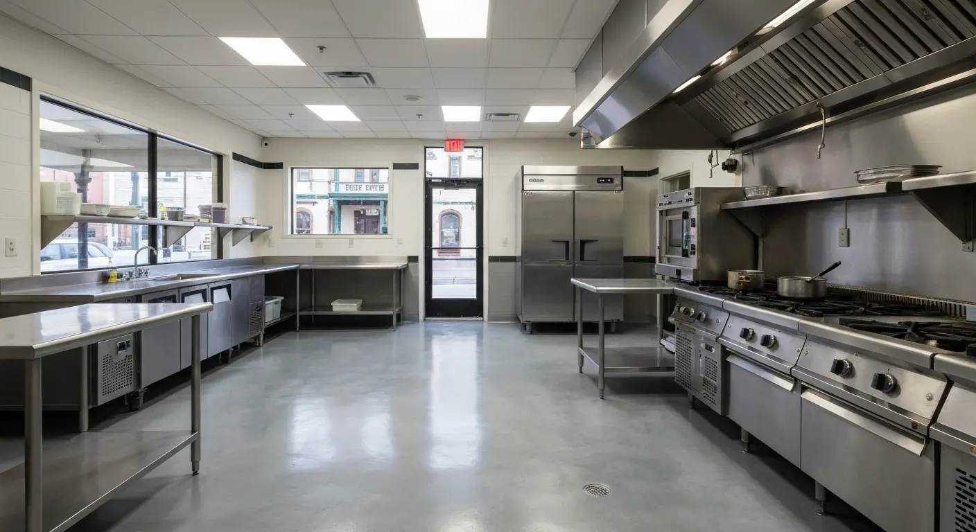 Restaurant kitchen with metallic epoxy floor