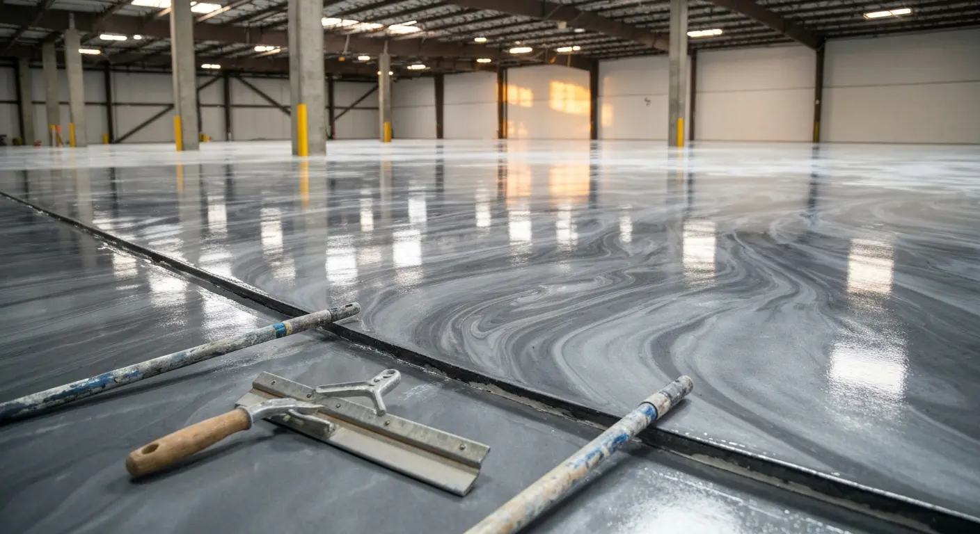 Industrial metallic epoxy floor in warehouse