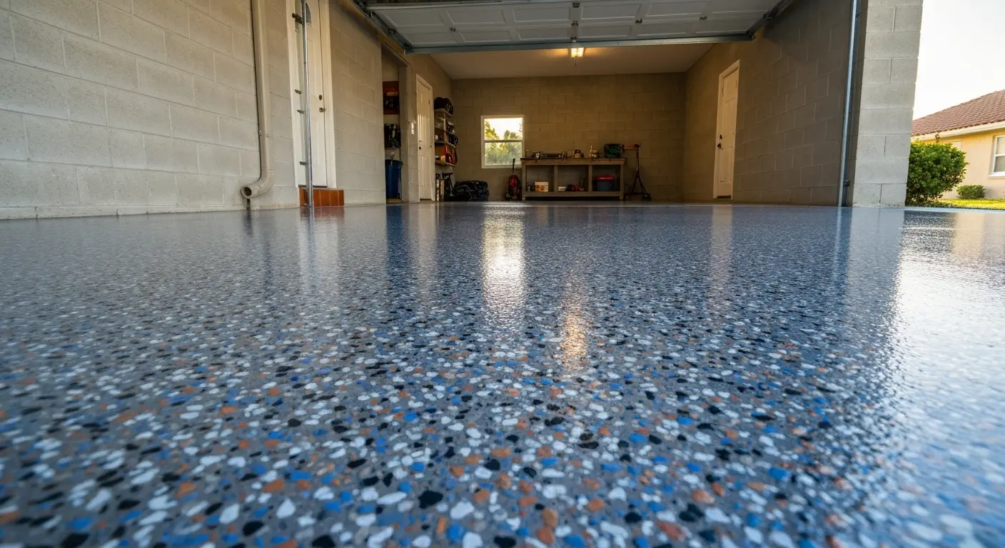 Flake epoxy garage floor with decorative chips