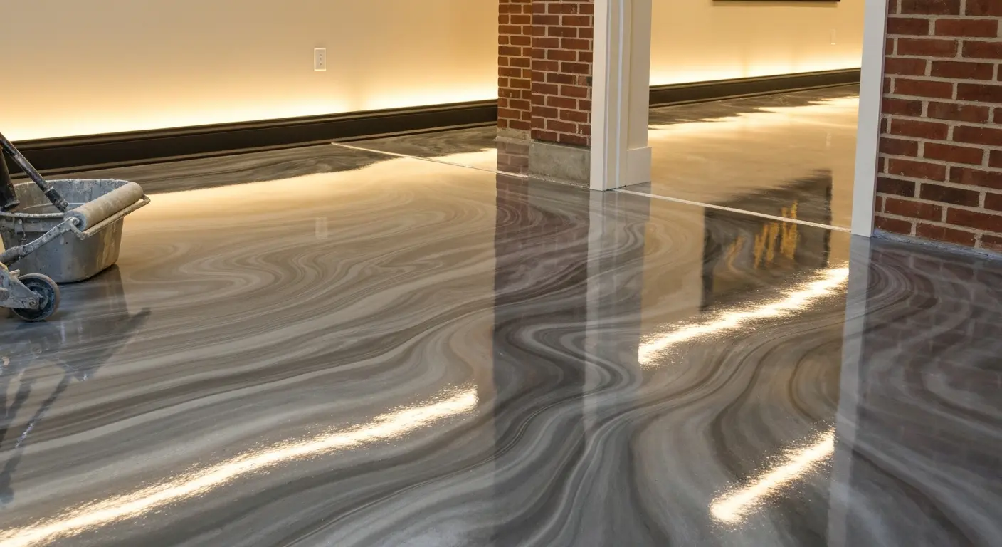 Metallic epoxy flooring with liquid swirl effect