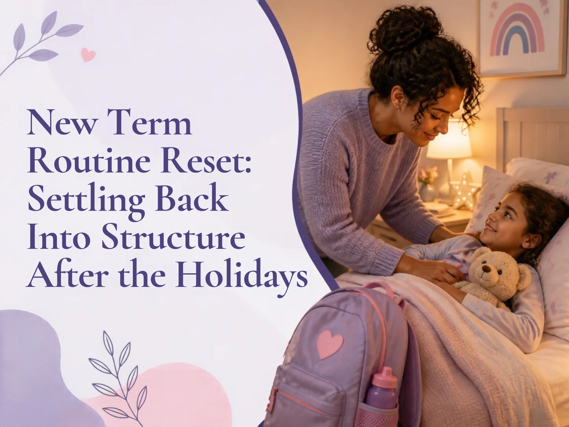 Cosy bedtime scene (parent tucking child in, soft lamp light, school bag nearby) with the article title overlaid. Cosy bedtime scene (parent tucking child in, soft lamp light, school bag nearby) with the article title overlaid.